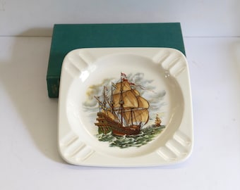 Vintage Ashtray with Ship Design, Nautical, Ash Tray, Ceramic Tray, Boat, Sail, Home Decor, Square