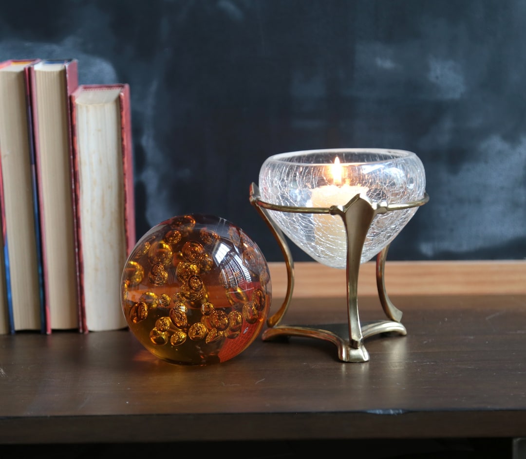 Vintage Brass Stand With Crackle Glass Bowl, Candle Holder, Vase, Brass