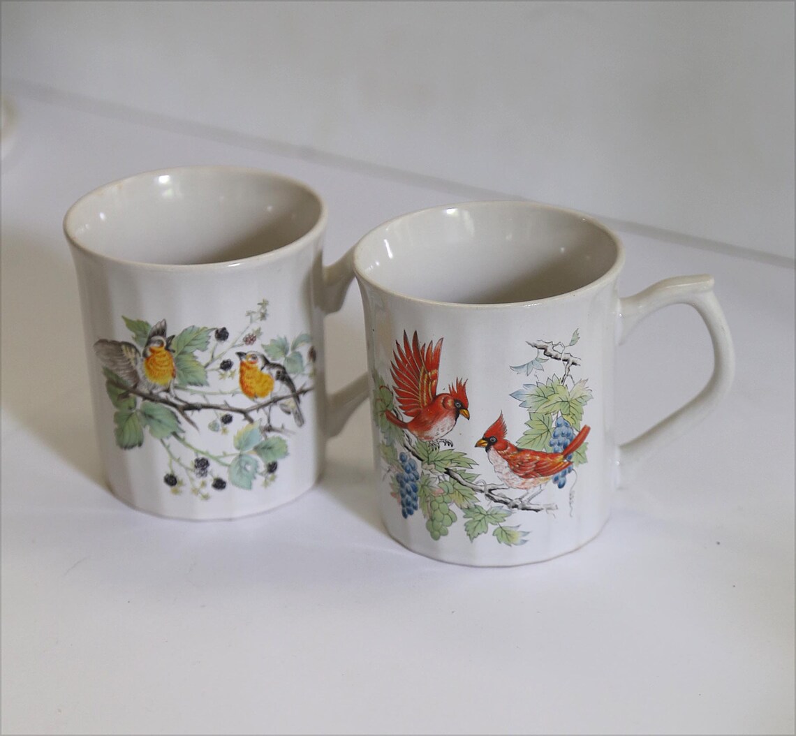 Vintage Bird Mugs Set of 2 White Mugs With Bird Motifs Tea Etsy