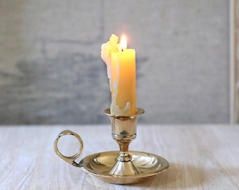 Vintage Brass Chamber Candlestick Holder, Small, Finger Loop Taper Holder