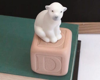 Vintage Lladro Baby Polar Bear on a Pink Alphabet Block Figurine, Golden Memories, Baby Nursery Decor, Animal Decor, Baby Gift, Cute, 90s