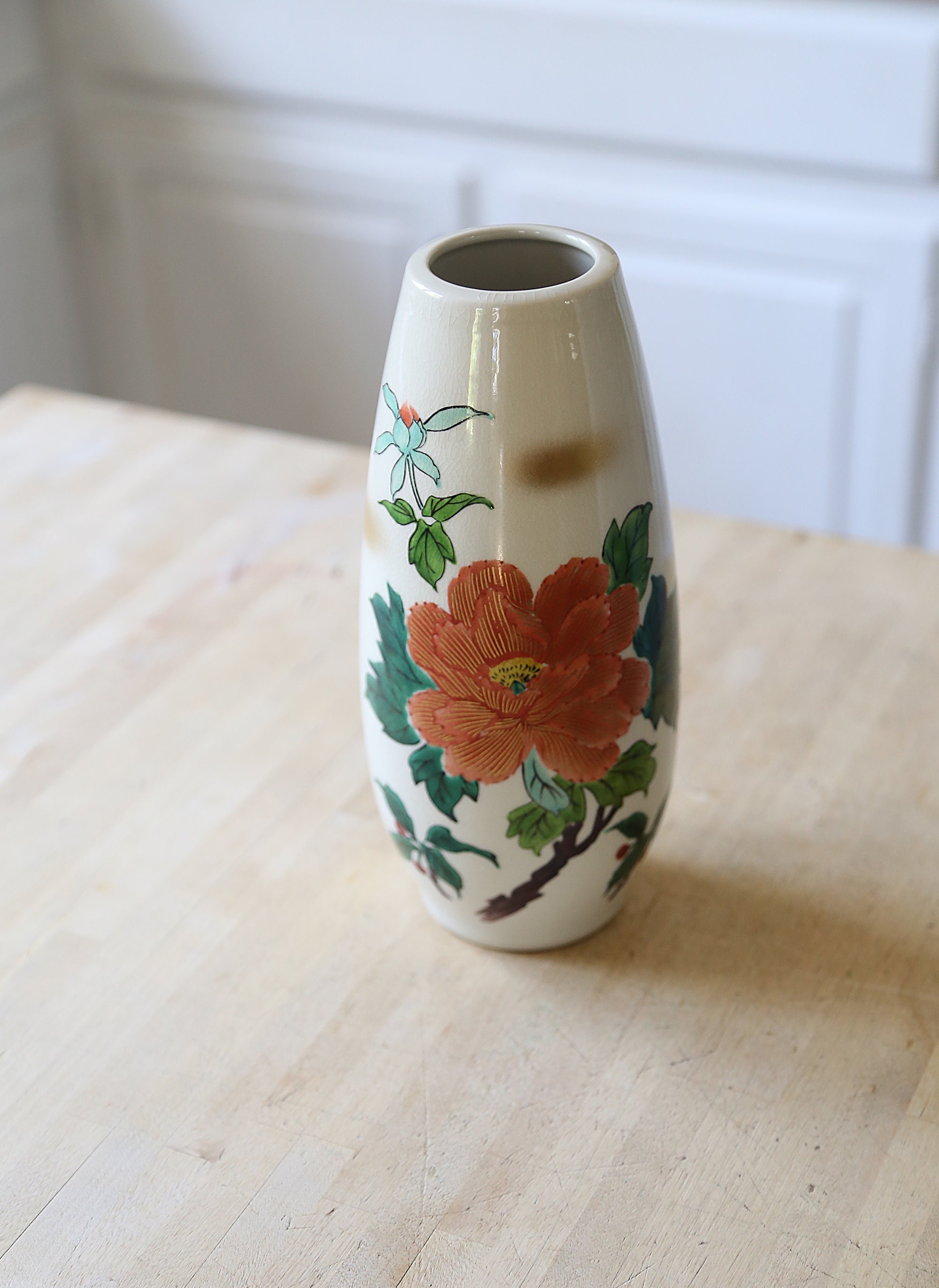 Vintage Ceramic Vase Asian Orange Flower with Green Leaves Etsy