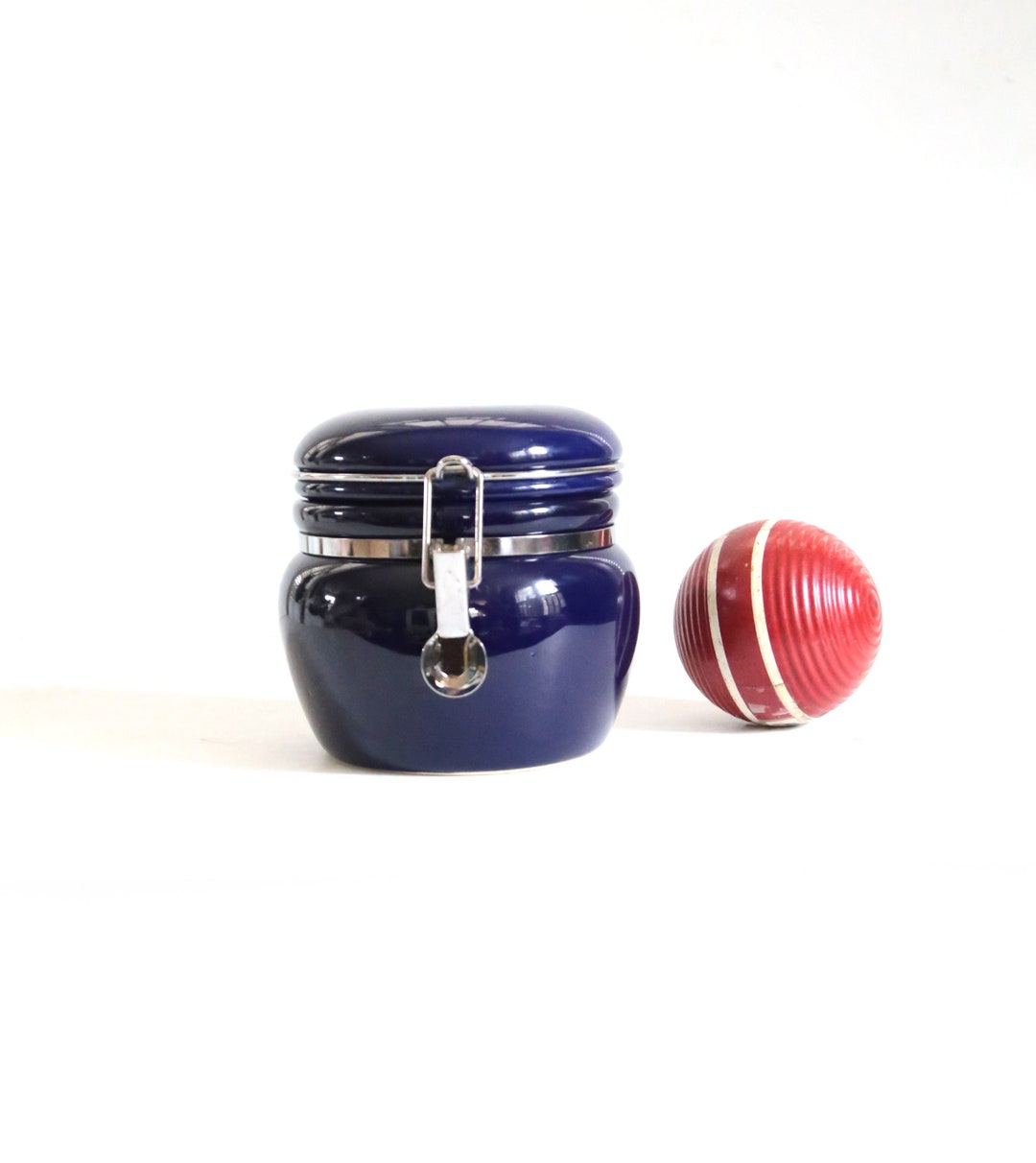 Vintage Cobalt Ceramic Canister With Metal Latch Closure, Small