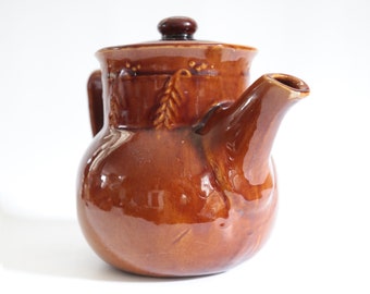 Vintage Ceramic Tea or Coffee Lidded Pot, Brown with Leaf Pattern, American Pottery, Natural Home, Old Pottery, Farmhouse, Americana, Rustic