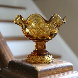 Vintage Amber Glass Candy Dish, L.E. Smith Glass, Moons and Stars, Compote Bowl, Pedestal Bowl with Scallop Edge, American Pressed Glass