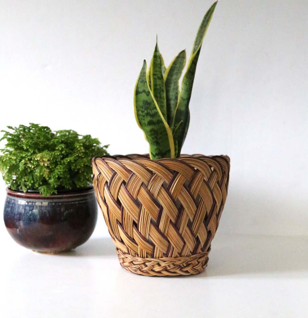 Vintage Wicker Basket, Planter Holder, Rattan, Woven, Two Tone, Indoor