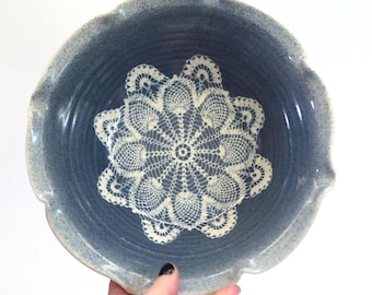 Vintage Studio Pottery Bowl with Ruffle Rim and Lace Pattern, Ceramic with Speckled Glaze, Blue and White