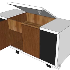 Peut inclure: Un meuble en bois blanc, noir et brun avec deux portes et un dessus relevable. Les portes sont ouvertes, r&eacute;v&eacute;lant les &eacute;tag&egrave;res int&eacute;rieures. Le dessus est ouvert, r&eacute;v&eacute;lant l'espace int&eacute;rieur.