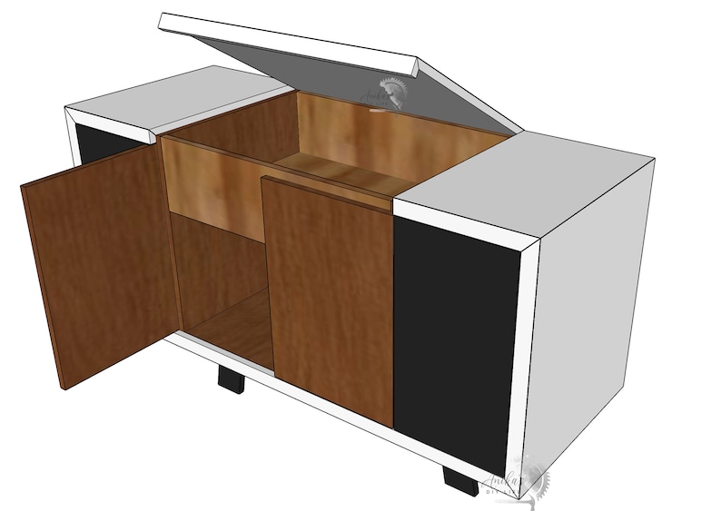 Peut inclure: Un meuble en bois blanc, noir et brun avec deux portes et un dessus relevable. Les portes sont ouvertes, r&eacute;v&eacute;lant les &eacute;tag&egrave;res int&eacute;rieures. Le dessus est ouvert, r&eacute;v&eacute;lant l'espace int&eacute;rieur.