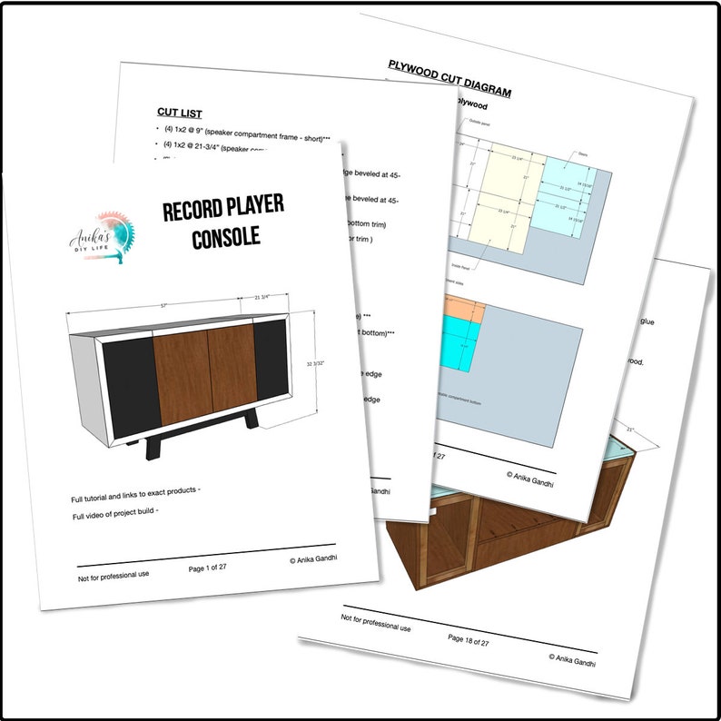 Peut inclure: Un plan num&eacute;rique pour construire une console de tourne-disque. Le plan montre une repr&eacute;sentation 3D de la console, une liste de coupe et un sch&eacute;ma de coupe du contreplaqu&eacute;. La console mesure 81 cm de large, 33 cm de profondeur et 46 cm de haut. Le plan est intitul&eacute; "Console de tourne-disque" et porte la mention "Non destin&eacute; &agrave; un usage professionnel".