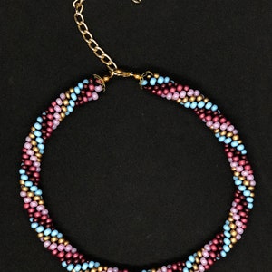 Bead Crochet Choker, Desert Sky, Burgundy/Pink/Gold/Sky Blue, Primary Colours, Czech Glass Beads, Adjustable