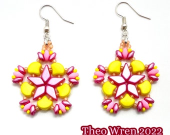 Czech Bead Earrings, Star Flower Shape, Yellow/Pink, Rosy Maple Moth Inspired, 1” x 1” with Fishhook Backs