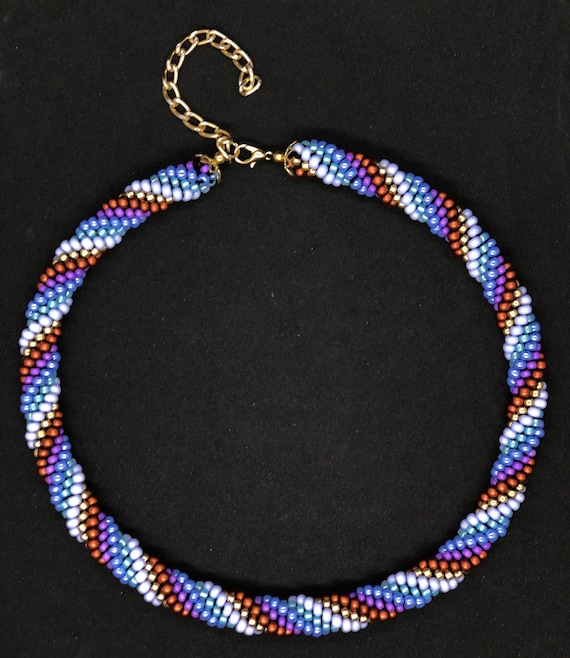 Bead Crochet Necklace, Blue/copper, Subtle Earthy Rainbow, Czech