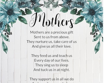 Mother's Day Poem "Mothers" Digital Print, Mother's Day Gift For Moms, Blue Flowers & Green Leaves Floral Framed Art, Mother's Day Art Print