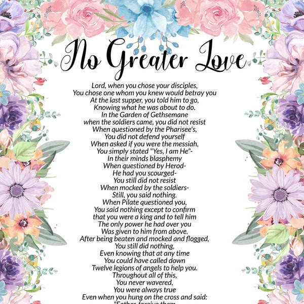 No Greater Love Original Christian Poem Digital Print, Easter Salvation Poem, Christian Poetry About Forgiveness, Floral Framed Jesus Poem