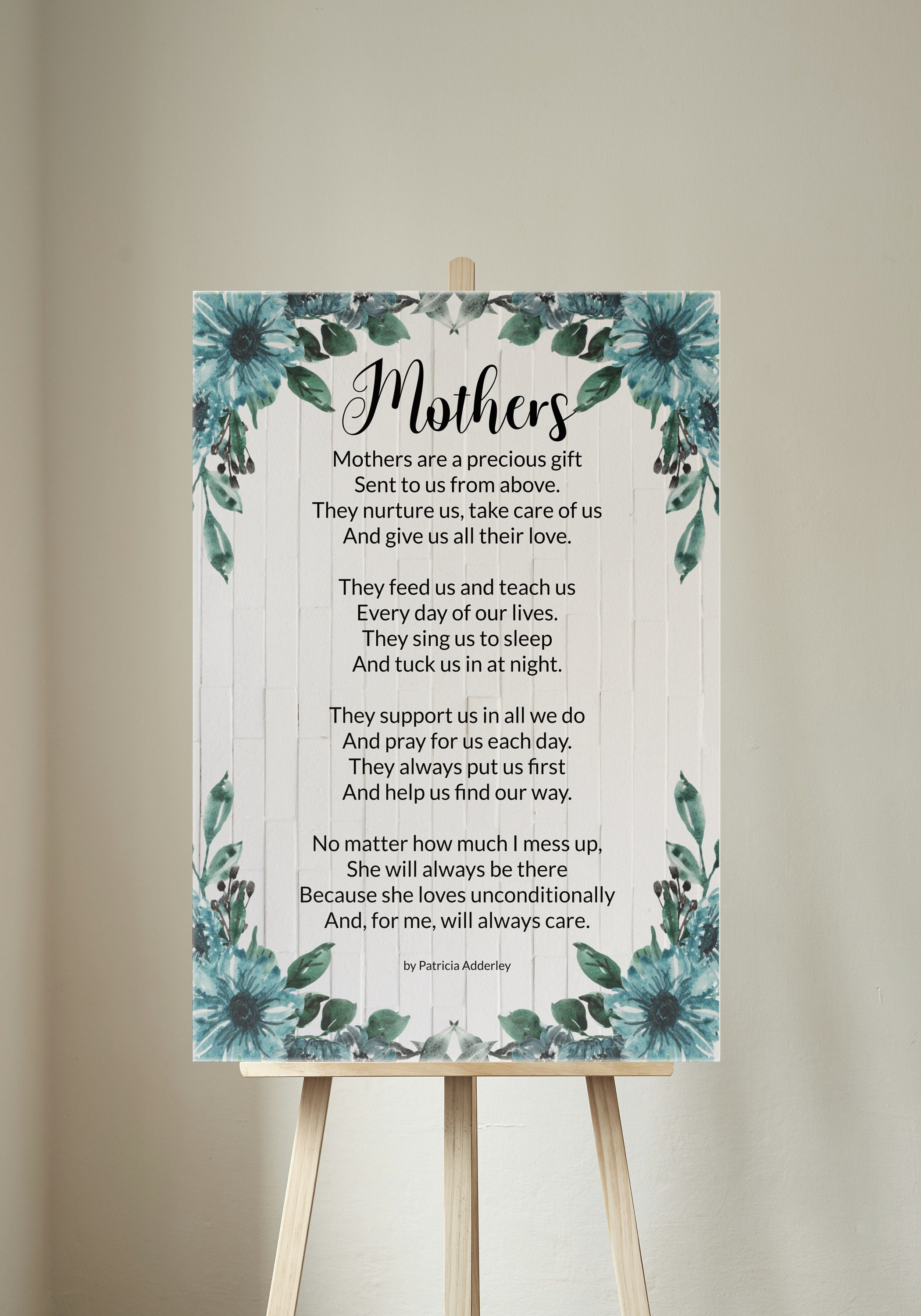 Mother's Day Poem "mothers" Digital Print, Mother's Day Gift for Moms, Blue Flowers &amp; Green ...