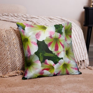 White Flowering Petunias With Pink Stripes Basic Pillow, Floral Pillow Prints, Botanical Print Pillow, Soft Pillow Decoration for Couch