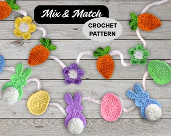 Patrón de guirnalda de Pascua a crochet: Conejito, zanahoria, huevo y flor (Patrón PDF)