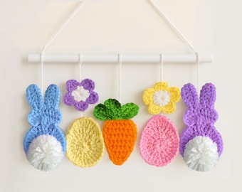 Patrón PDF de guirnalda de Pascua a crochet: Conejito, zanahoria, huevo y flor (Descarga digital)