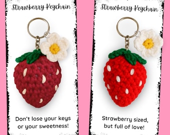 Crochet Strawberry Keychain Pattern: Flower Accent, Quote Cards (PDF Pattern)