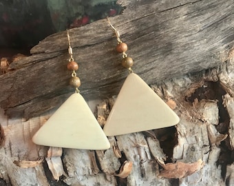 Natural wood earrings ,Triangle wooden earrings ,White long wood earrings ,Earthy jewelry ,Boho lovers gift Gift for girlfriend Gift for her