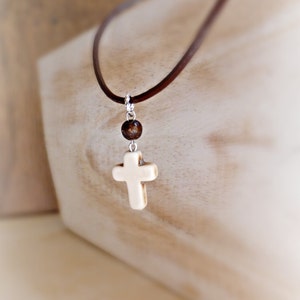 White rustic cross choker  Boho brown cord necklace Religious jewelry for women Wood necklace gift Gift idea for her Gift for girlfriend