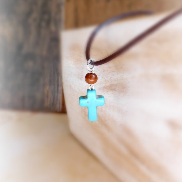 Blue turquoise cross necklace , Boho leather choker necklace ,Wood and stone , Rustic turquoise jewelry gift for her