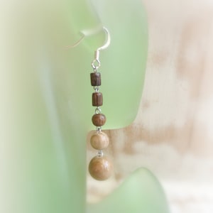 Green wood earrings , Simple wooden earrings , Wooden dangle earrings , Long beaded earrings , Wood casual earrings ,Gift for her