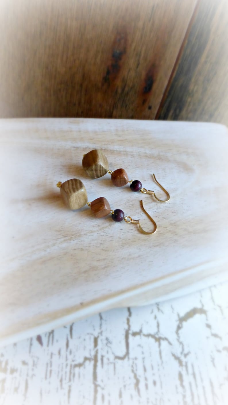 Geometric wood earrings Wooden blocks earrings 5th anniversary gift Womens jewelry Gift for her Dangle earrings