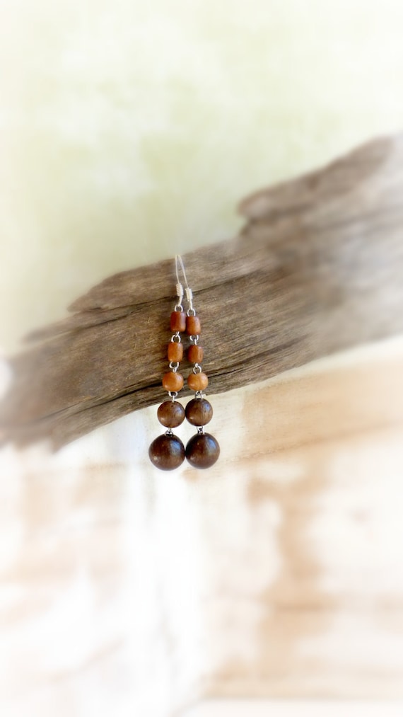 Natural wood ball earrings , Brown jewelry gift for her , Eco dangle / wooden earrings / , Long two tone earrings