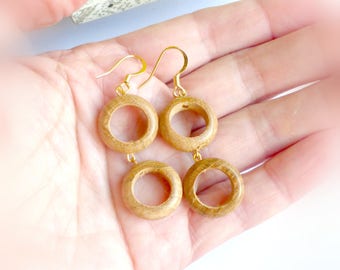 Double rings wood earrings ,Dangle round wood earrings , Wooden gift for wife , Wood jewelry gift for women