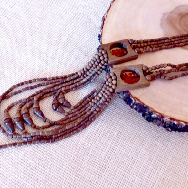 Brown wood necklace Multistrand gypsy necklace Organic jewelry Gift for wife ,Beaded wooden necklace ,Wood and amber  5th anniversary gift
