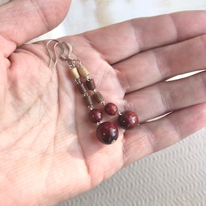 Round wood earrings Red wooden earrings Wooden drop earrings ,Red and brown jewelry Fifth anniversary gift ,Gift for wife