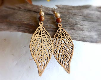 Gold shimmer leaf wood earrings , Natural wooden jewellery , Nature leaves for her, 5th anniversary gift for wife , lightweight eco earrings