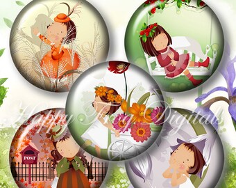 Little girl - 1.5", 1", 30 mm, 25 mm circles - Digital Collage Sheet - 340 HFD - Printable Download - Instant Download