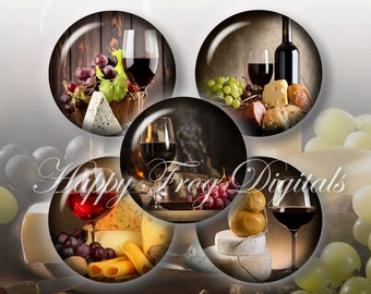 May include: Five round images with a wood background featuring wine glasses, grapes, cheese, and bread. The images are arranged in a circle with the text "Happy Frog Digitals" in the center.