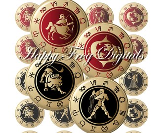 Zodiac - 12, 14, 16, 18, 20 mm-Kreise - digital collage Sheet - 013 HFD - druckbare Download - Instant Download
