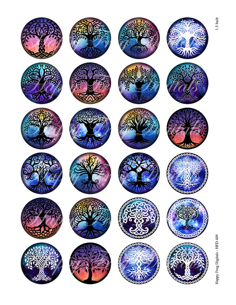 K&ouml;nnte beinhalten: Vierundzwanzig runde Harz-Cabochons mit einem Durchmesser von 1,5 Zoll, die ein Lebensbaum-Design mit einem Galaxie-Hintergrund zeigen. Die B&auml;ume sind in Schwarzwei&szlig; mit einer Vielzahl von bunten Galaxie-Hintergr&uuml;nden.