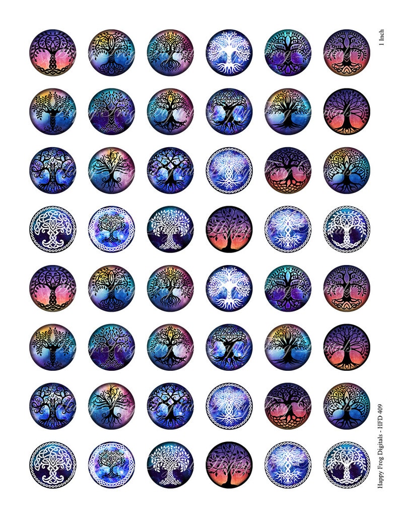 K&ouml;nnte beinhalten: Set mit 48 runden Harz-Cabochons mit einem Durchmesser von 2,5 cm, die eine Vielzahl von farbenfrohen Lebensbaum-Designs zeigen. Die Designs umfassen einen wei&szlig;en Lebensbaum auf blauem Hintergrund, einen schwarzen Lebensbaum auf lila Hintergrund und einen schwarzen Lebensbaum auf rosa Hintergrund.