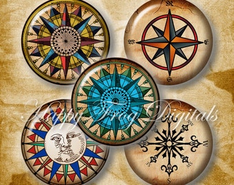 Compass Rose - 1.5", 1", 30 mm, 25 mm circles - Digital Collage Sheet - 271 HFD  - Printable Download - Instant Download