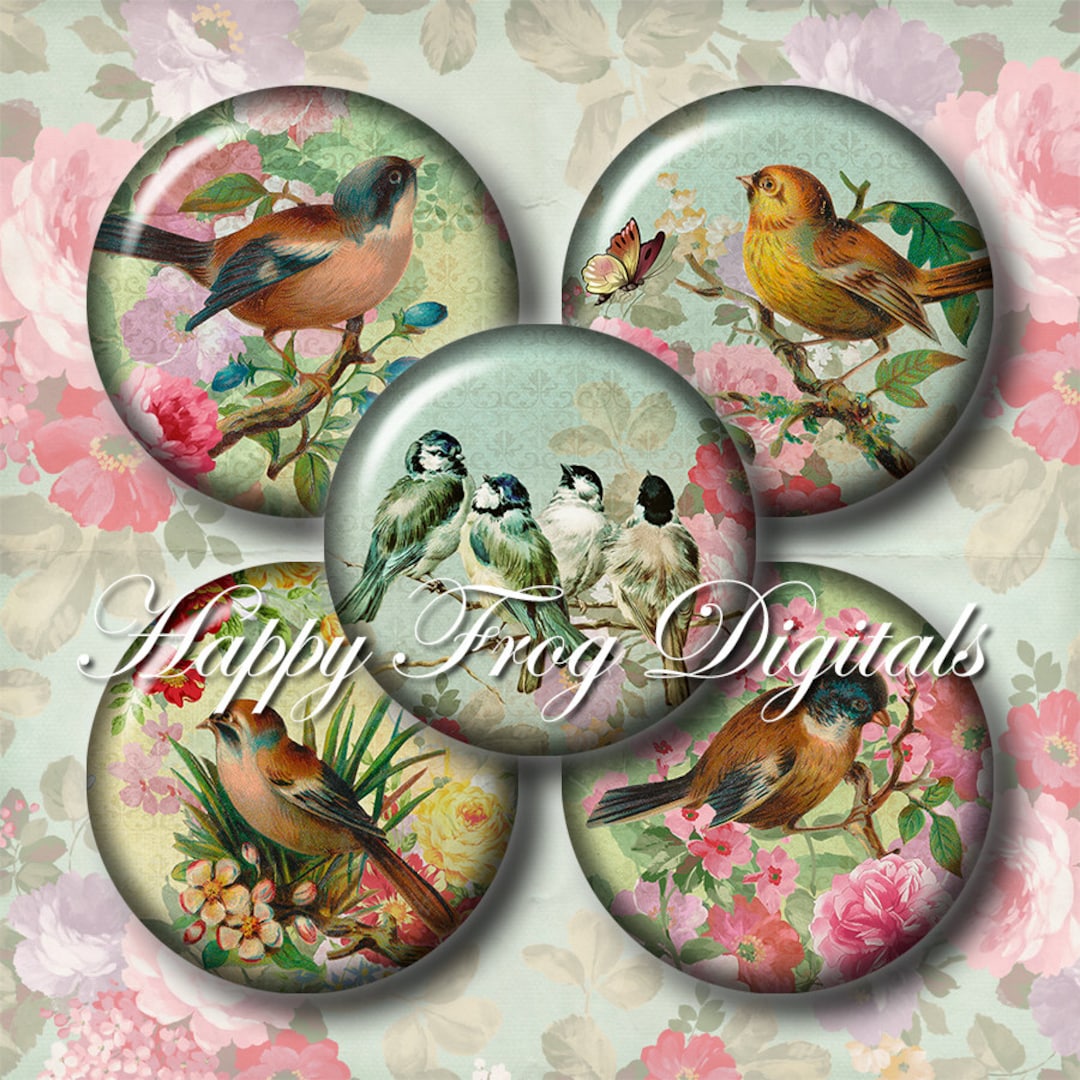 Vintage Birds and Flowers - 1.5", 1", 25 Mm, 30 Mm Circles - Digital ...