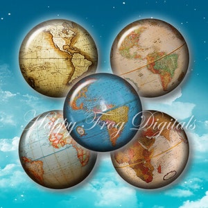 globes terrestres vintage - 1,5", 1", cercles de 30 mm, 25 mm - Feuille de collage numérique - 324 HFD - Téléchargement imprimable - Téléchargement instantané