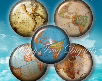 Vintage earth globes  - 1.5", 1", 30 mm, 25 mm circles - Digital Collage Sheet - 324 HFD  - Printable Download - Instant Download
