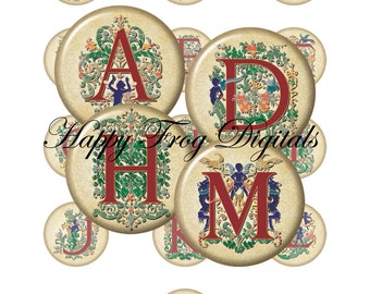 Decorative alphabet -  12, 14, 16, 18, 20 mm circles - Digital Collage Sheet - 040 HFD - Printable Download - Instant Download