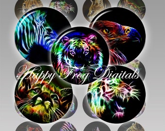 Könnte beinhalten: Ein Set mit 12 runden, bunten Glascabochons mit neonfarbenen Tierbildern. Die Tiere umfassen ein Zebra, einen Tiger, einen Adler, einen Wolf, einen Leoparden und einen Geparden. Die Bilder sind vor einem schwarzen Hintergrund angeordnet.