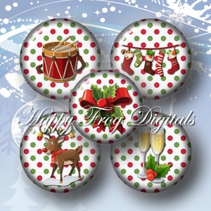 May include: Set of four 2 inch round Christmas themed digital scrapbook paper designs. The designs feature red and green polka dots with a drum, reindeer, champagne glasses, and a holly sprig.