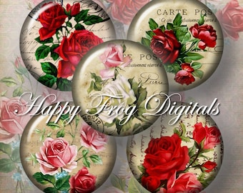Vintage roses - 1.5", 1", 25 mm, 30 mm circles - digital collage sheet 100 HFD  - Printable Download - Instant Download
