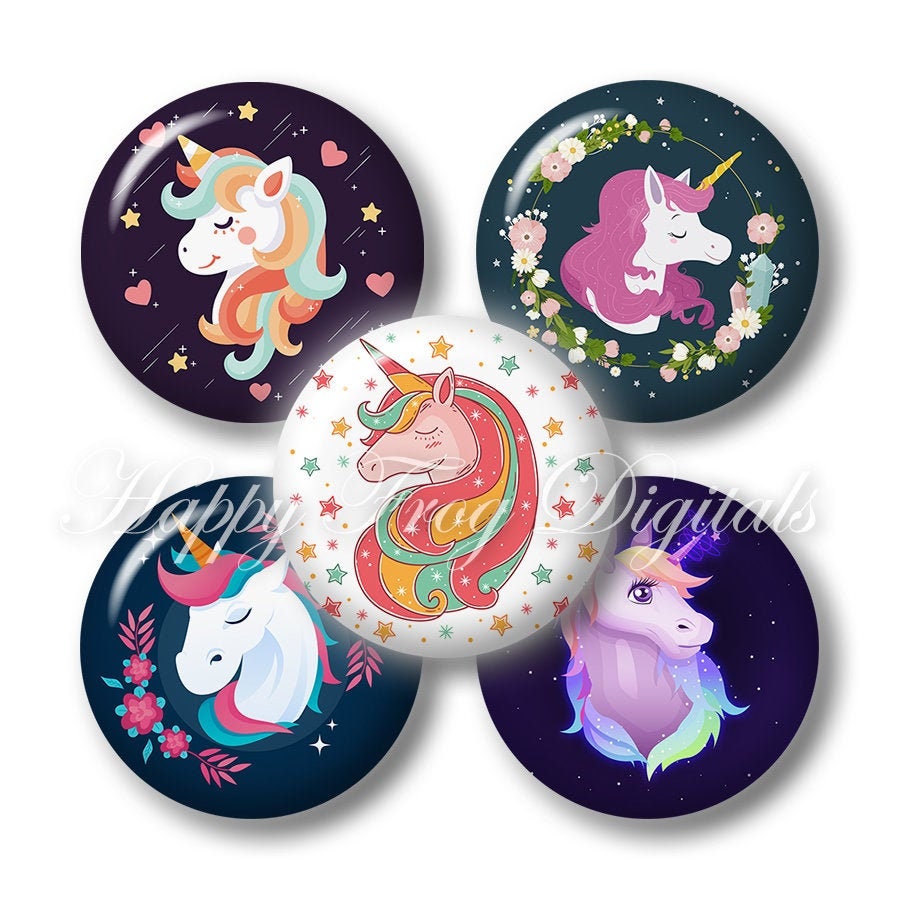 Unicorns - 1.5", 1", 30 mm, 25 mm circles - Digital Collage Sheet - 445 HFD - Printable Download - Instant Download