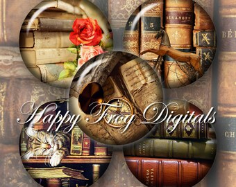 Old Books - 1.5&quot;, 1&quot;, 25 mm, 30 mm circles - digital collage sheet - 083 HFD  - Printable Download - Instant Download