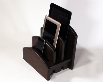 Charging Station - Double Tech Bed - Maple with Ebony Finish - Curved Slats - Univ Compatible Phones, Laptops, Tablets, Cords, etc tbds